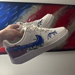 Nike White and Blue Athletic Shoes with Red Rose Design